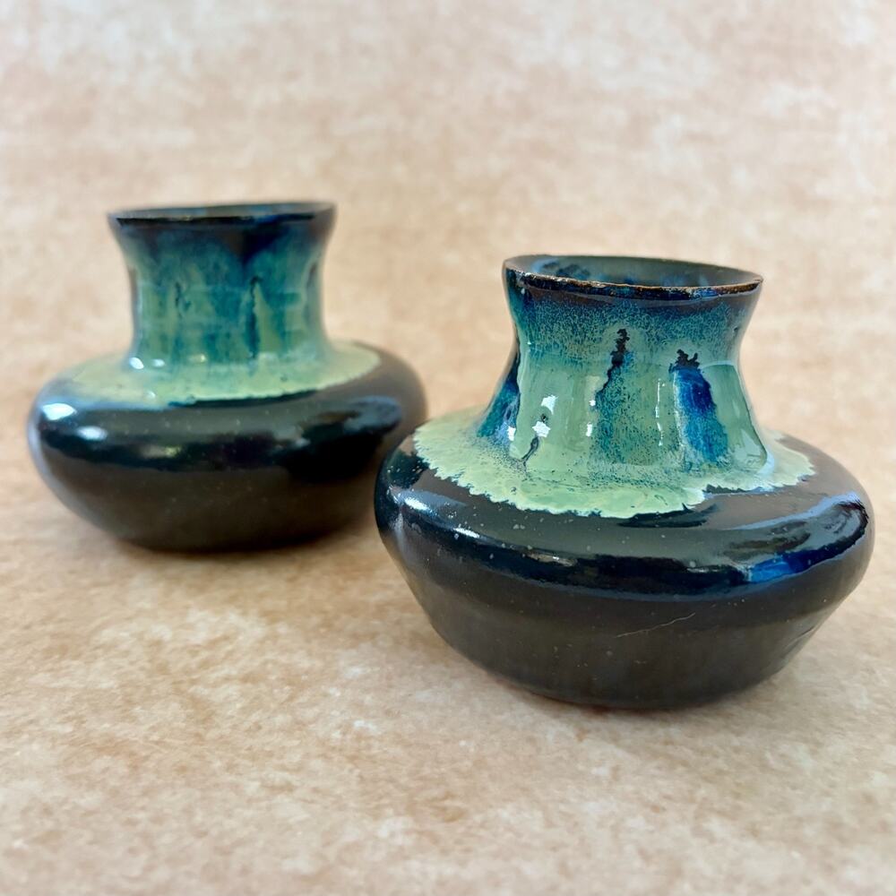 Studio Pottery Vase Pair Signed BAB Drip Glaze Blue Green Mid Century Modern